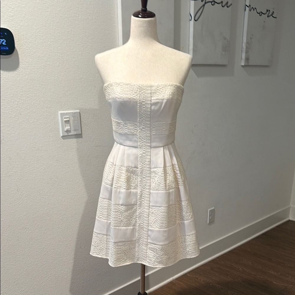 BCBGMaxAzria Strapless White Lace-Panel Fit & Flare Dress
